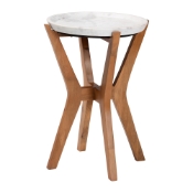 Baxton Studio Phaedra Round Marble End Table - Modern Accent Table with Mango Wood Frame and Tray Tabletop for Living Room or Seating Area